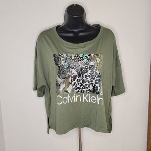 Calvin Klein Women's Performance Print Green T-Shirt - Size (L) - Never Worn